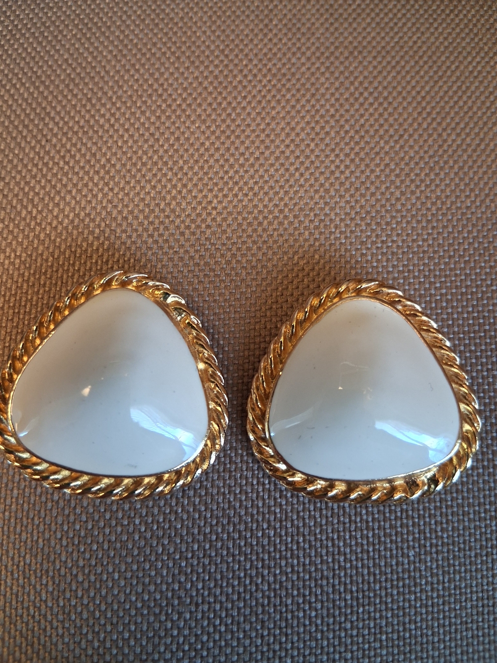 Vintage Bluette Gold-Tone Rope Edge White Cabochon Clip Earrings - France